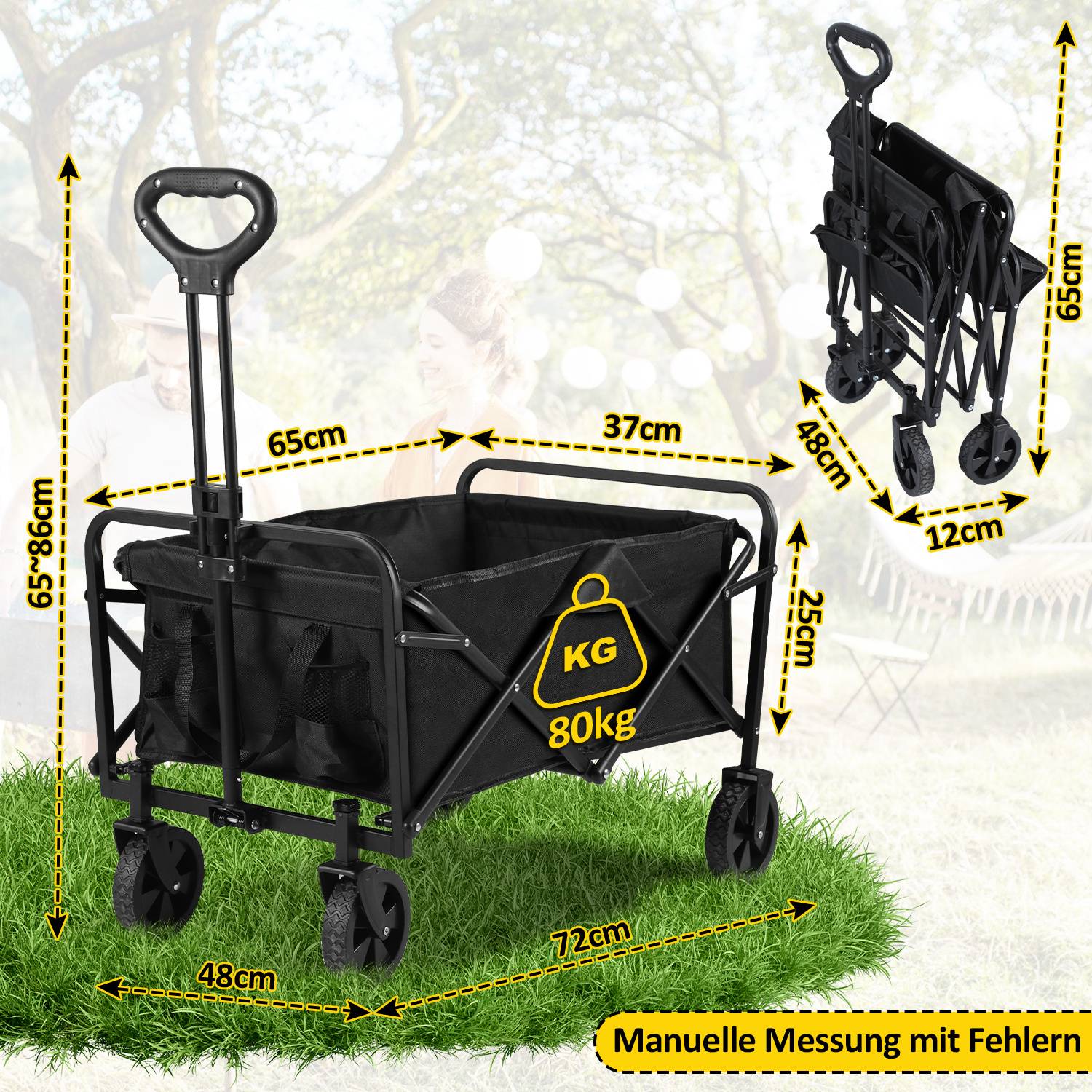 Zusammenklappbarer schwarzer Handwagen mit 80kg Tragfähigkeit, Abmessungen: 65cm Höhe, 37cm Breite, 72cm Länge, gezeigt auf Gras; zusammengeklappt 65cm mal 48cm.