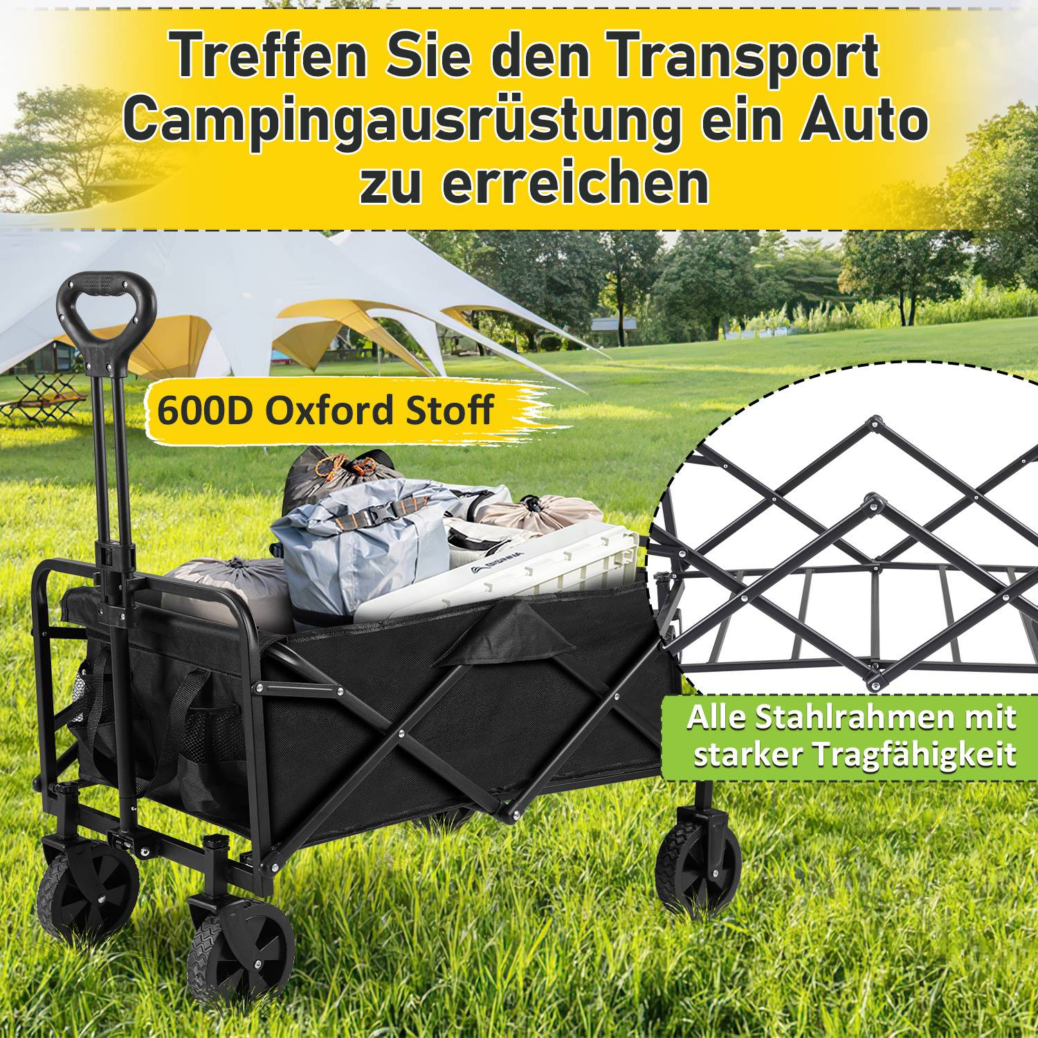 Ein zusammenklappbarer Wagen mit Stahlrahmen, gekennzeichnet mit „600D Oxford Stoff