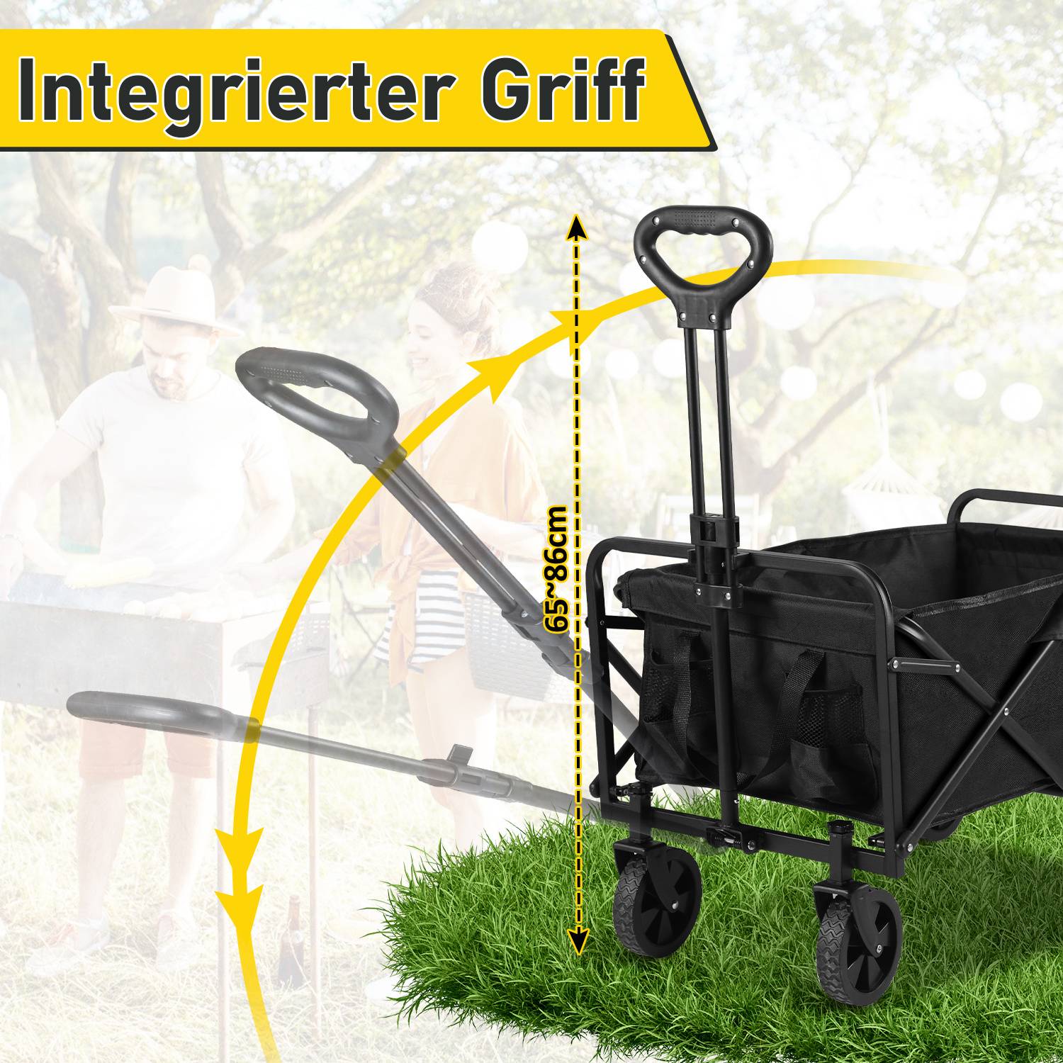 Ein schwarzer Wagen mit verstellbarem Griff, auf Gras positioniert, misst 85 cm Höhe. Der Hintergrund zeigt eine Außenumgebung mit unscharfen Figuren.