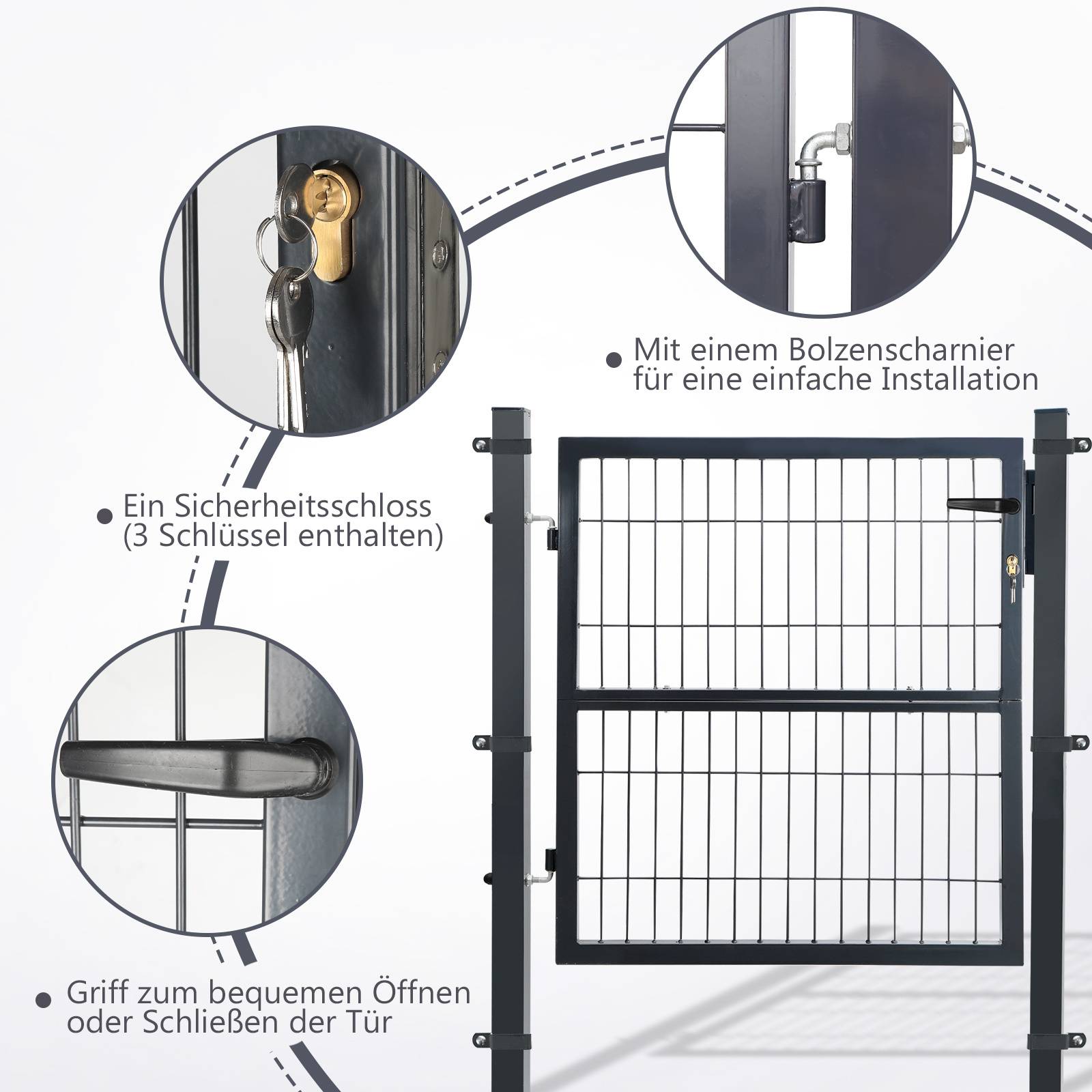 Schließtor mit Sicherheitsmerkmalen: Bolzenscharnier für einfache Installation, Sicherheitsschloss (3 Schlüssel), bequemer Griff.