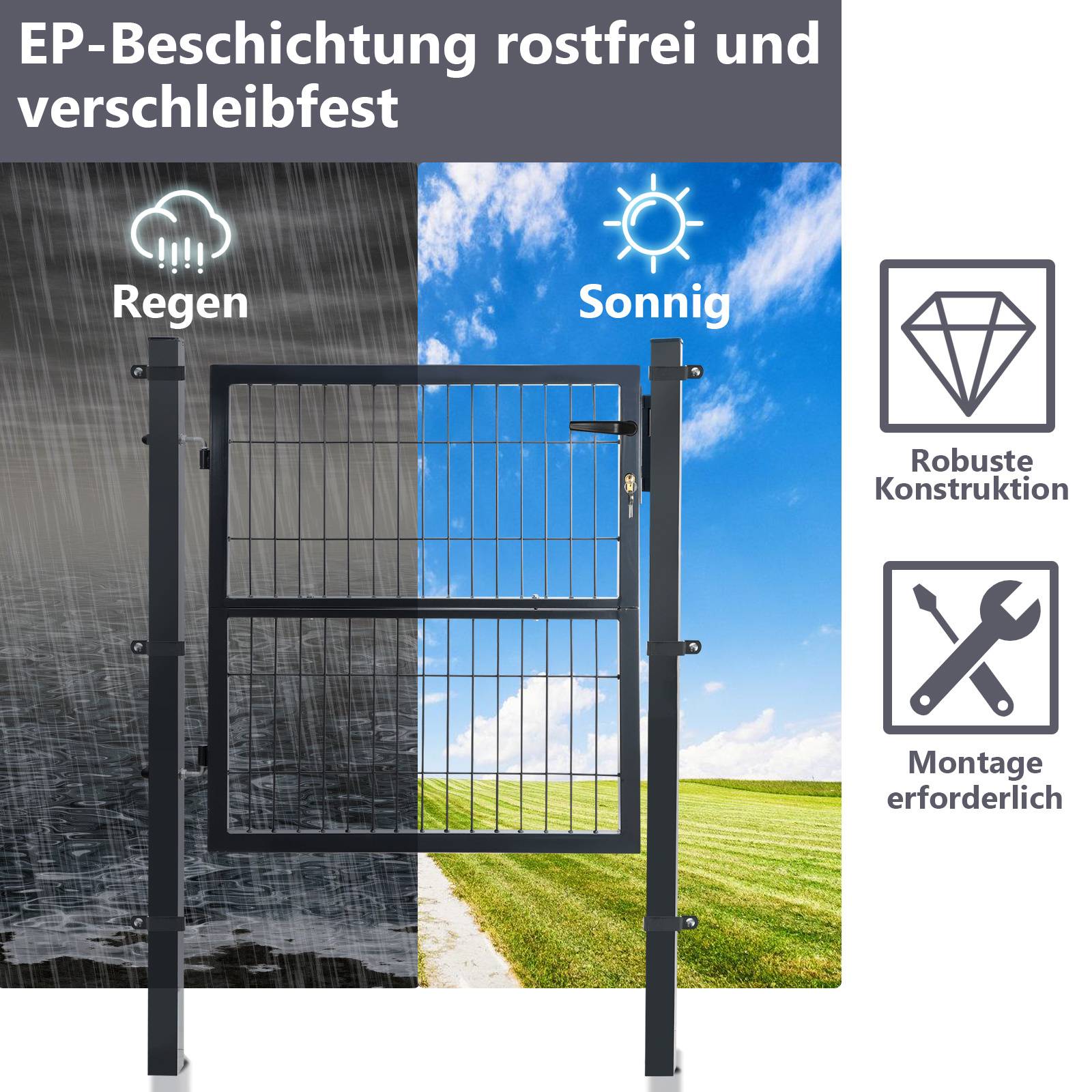 Das Bild zeigt ein Metalltor, zur Hälfte im Regen und zur Hälfte in der Sonne, symbolisiert Wetterbeständigkeit. Text oben: 'EP-Beschichtung rostfrei und verschleißfest'. Symbole zeigen, dass es robust ist und Montage erforderlich ist.