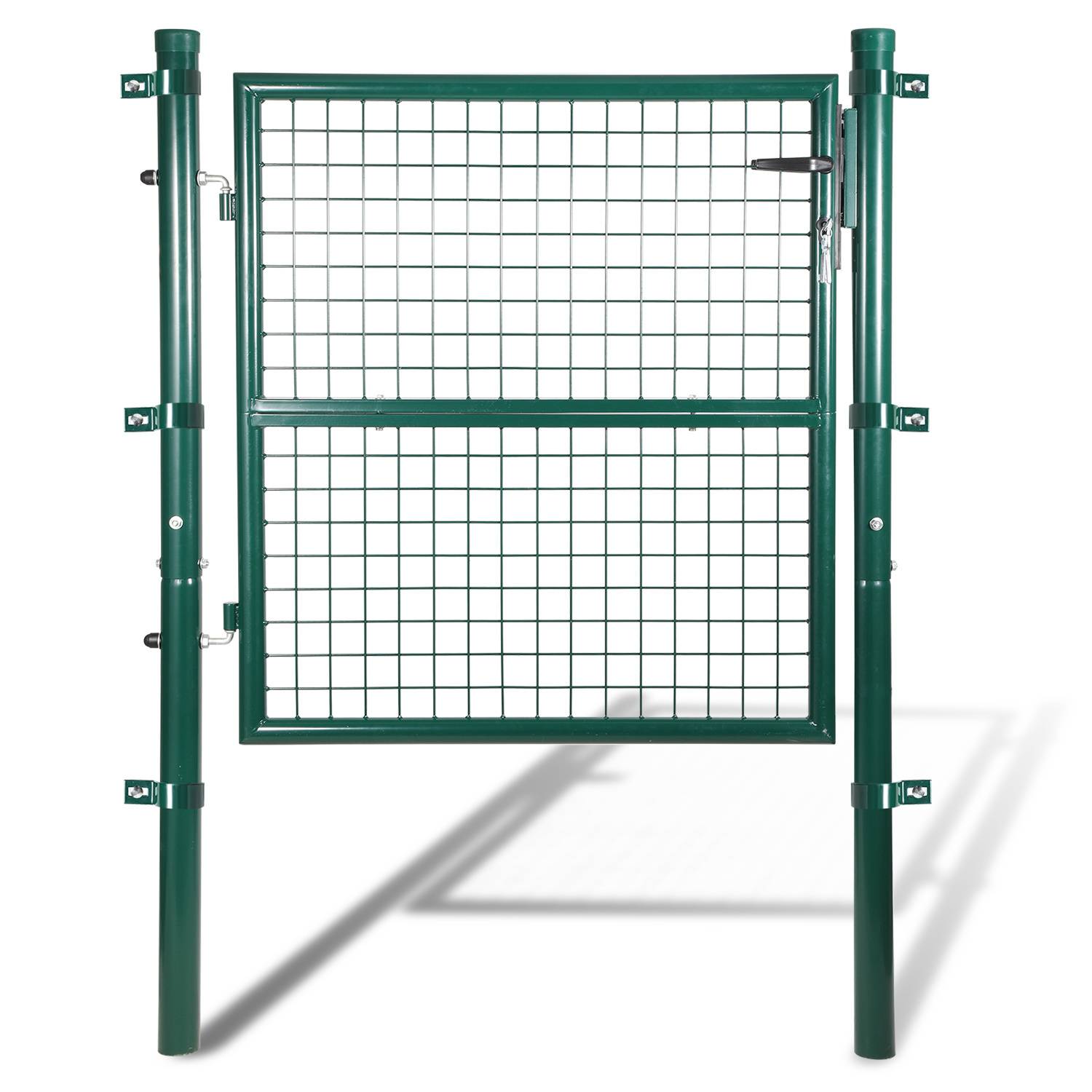 Ein grünes Metallsicherheitstor mit Drahtnetzdesign, ausgestattet mit zwei robusten Pfosten zur Unterstützung und einem Verschlussmechanismus zum Schließen.