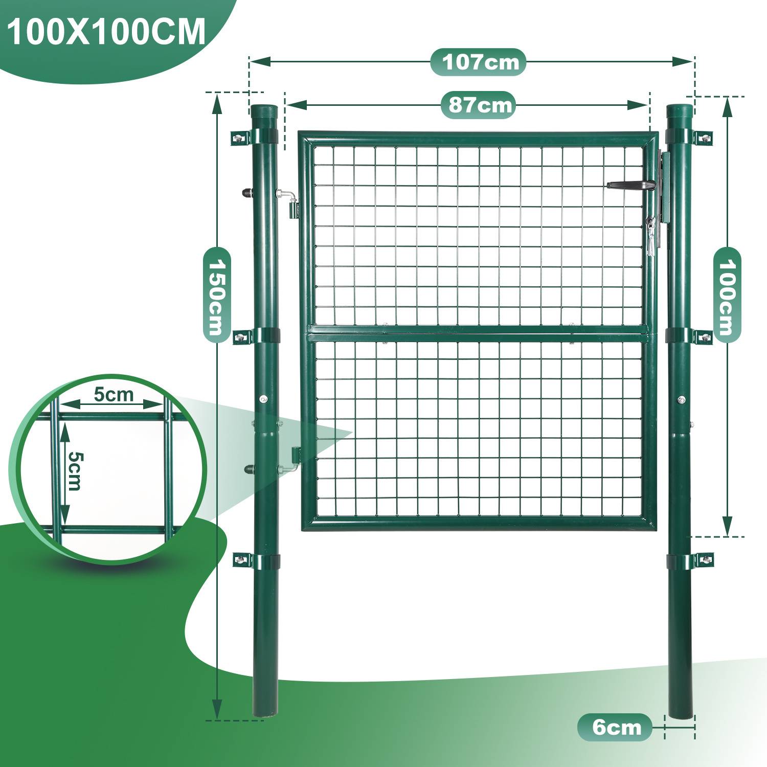 Metallgittertor mit Maßangaben: 150 cm hoch, 100 cm breit, mit detaillierten Abmessungen der Komponenten einschließlich Pfosten und Maschengewebe.