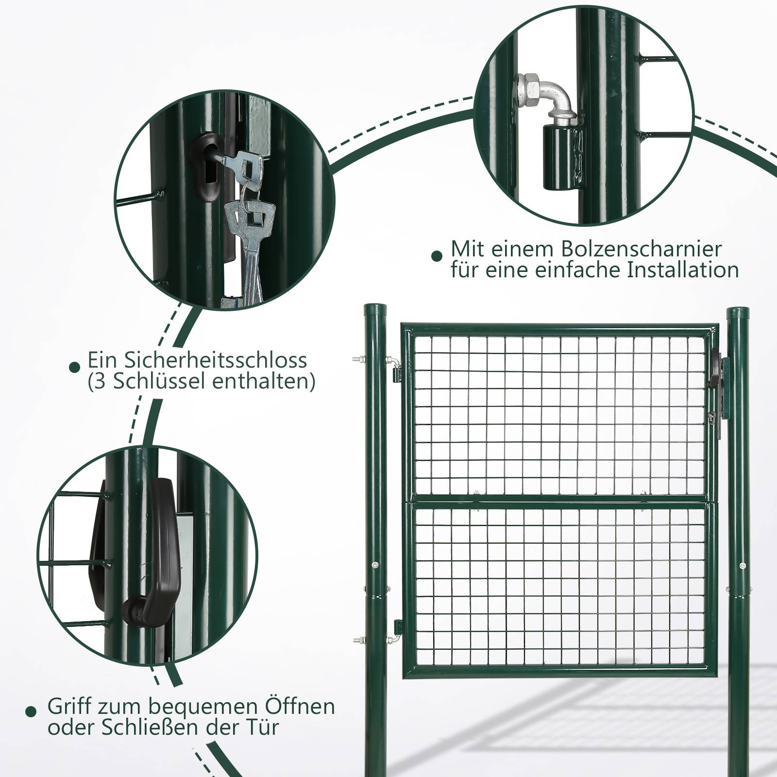 Ein Sicherheitsschloss (3 Schlüssel enthalten)', 'Griff zum bequemen Öffnen oder Schließen der Tür', 'Ein Bolzenscharnier für eine einfache Installation' mit einem grünen Maschendrahtor.