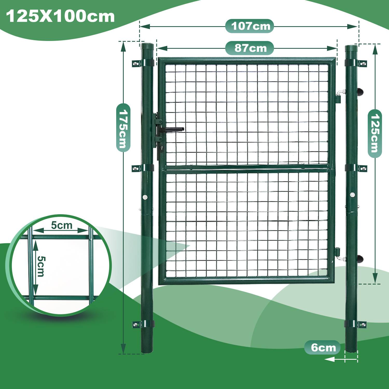 Grünes Metalltor mit Maschendesign, Abmessungen beschriftet: 125x100cm. Seitenmessung: 175cm. Oberstab: 107cm; Masche: 87cm. Kreisdetail: 5cm.