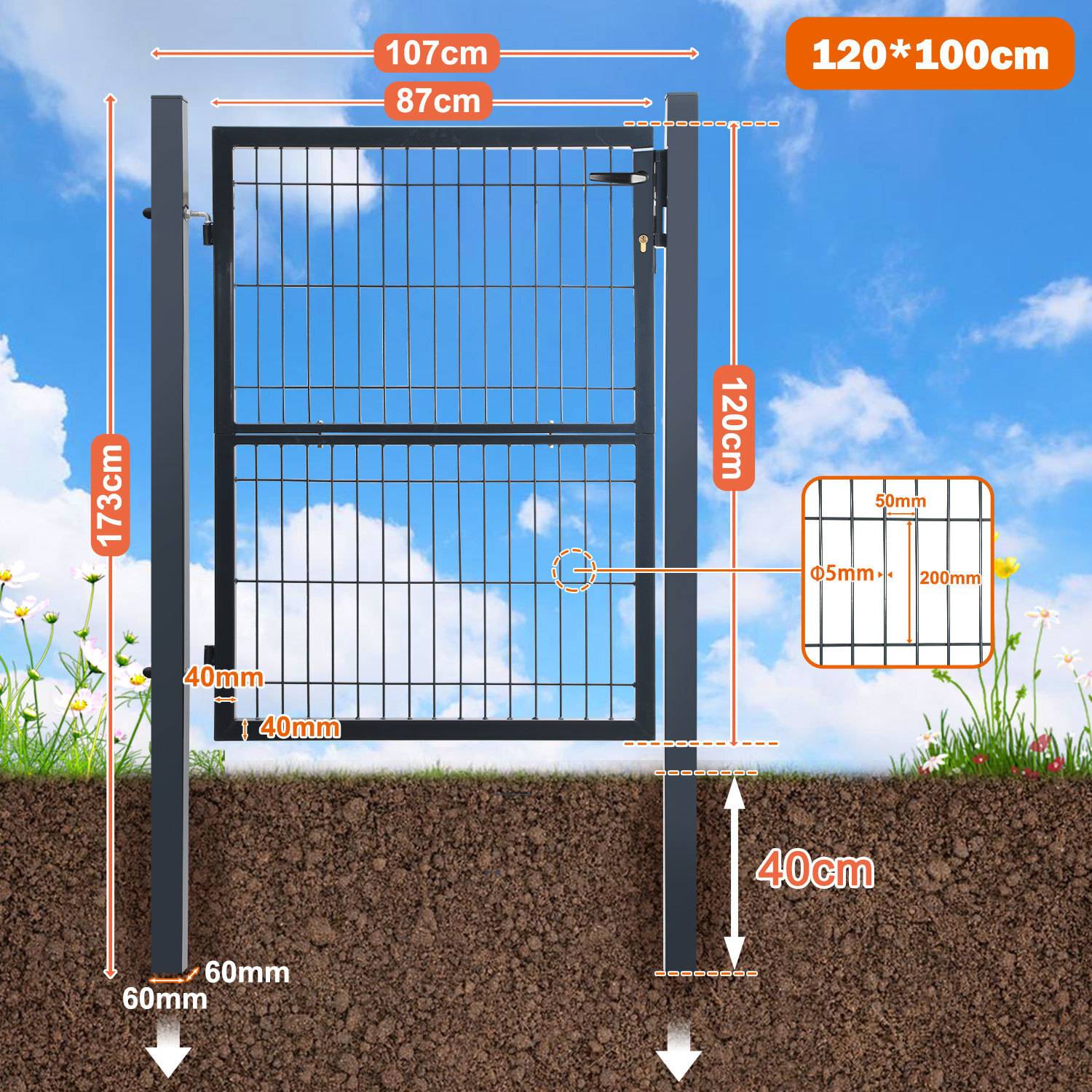 Ein Metallzauntor mit folgenden Abmessungen: Höhe 173 cm, Breite 107 cm, zwei vertikale Pfosten 60 mm im Quadrat, Einbautiefe 120 cm, 40 cm in den Boden eingelassen.