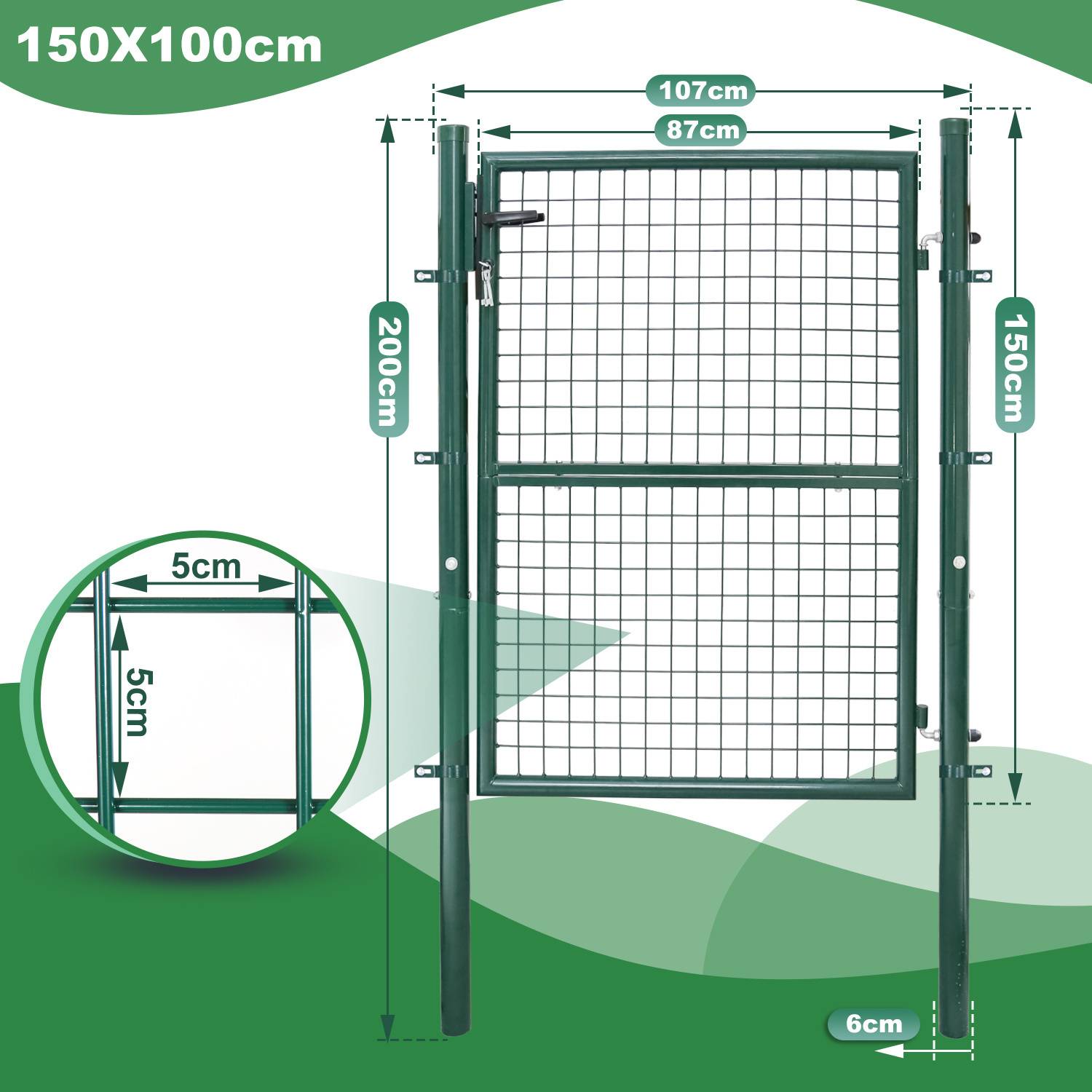 Metalltor mit Drahtgeflecht, Maße 107 cm x 200 cm, mit eingezeichneten Abmessungen zur Montage. Die Ausschnittsvergrößerung zeigt Details des Geflechts.