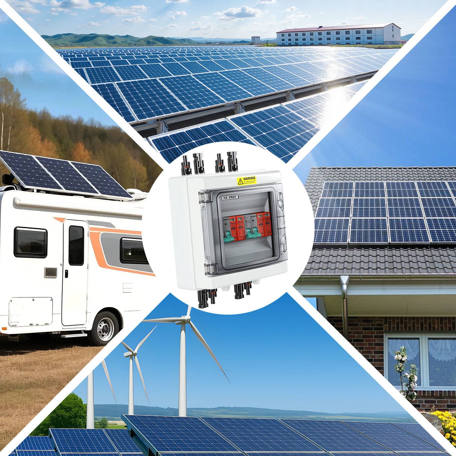 Eine Collage mit Solarpanelen auf verschiedenen Strukturen: ein Haus, ein Wohnmobil, ein Industriegebäude, Felder und neben Windkraftanlagen, mit einem elektrischen Schaltkasten in der Mitte.