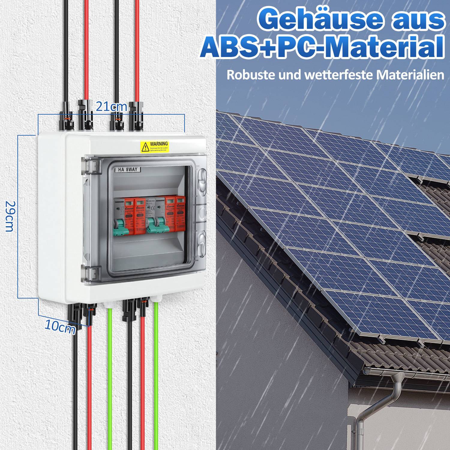 Elektrisches Schaltschrank mit eindringenden Kabeln, Abmessungen gekennzeichnet: 29cm Höhe, 21cm Breite, 10cm Tiefe. Der Text beschreibt das Material als langlebig und witterungsbeständig. Solaranlagen im Hintergrund.