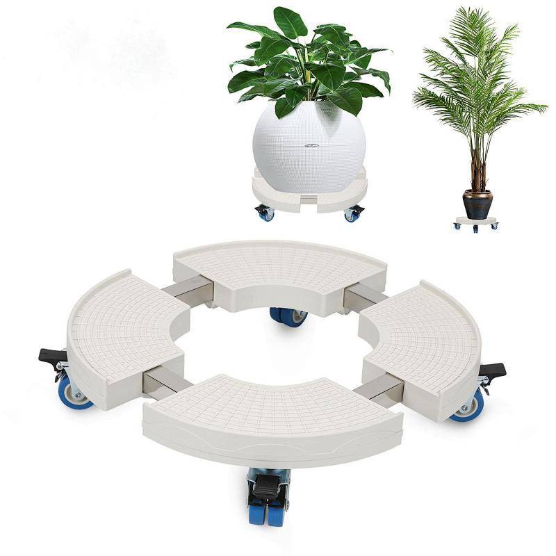 Weißer verstellbarer runder Pflanzenwagen mit Rollen, auf dem ein großer runder Topf mit einer grünen Blattpflanze steht. Ein kleinerer Topf daneben.