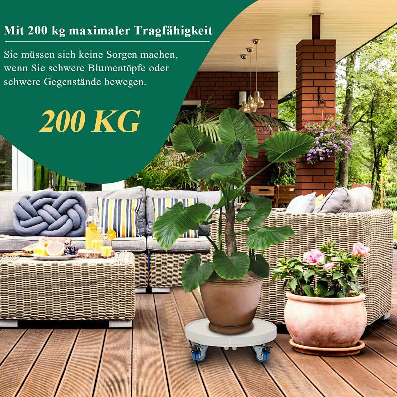 Eine Pflanze auf einem Wagen mit Rädern wird auf einer Terrasse platziert, umgeben von Gartenmöbeln. Ein deutscher Text hebt eine Tragfähigkeit von 200 kg hervor.