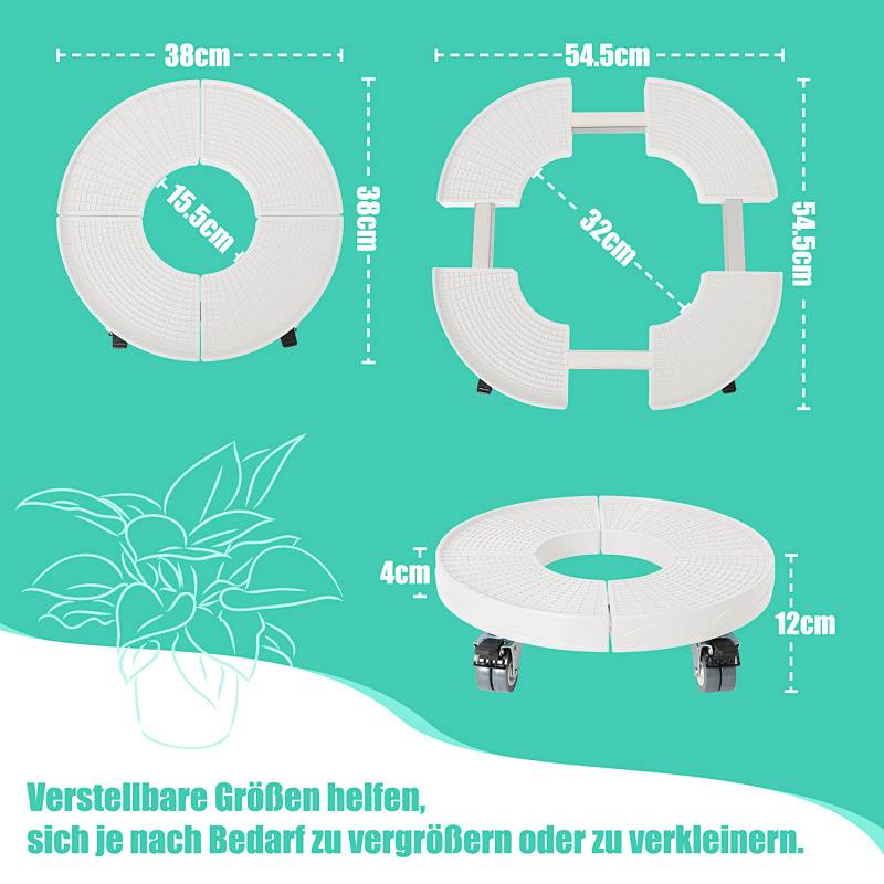 Diagramm eines verstellbaren Pflanzenstanders mit kreisförmigen Segmenten und Abmessungen: 38 cm Durchmesser, 15,5 cm Breite. Erweiterbar von 4 cm auf 12 cm.