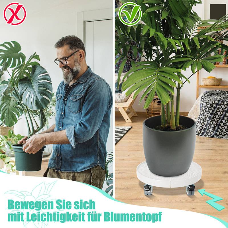 Linkes Bild: Mann kämpft, um eine große Pflanze zu bewegen. Rechtes Bild: Pflanze wird mühelos auf einer Rollenbasis bewegt. Text lautet „Bewegen Sie sich mit Leichtigkeit für Blumentopf