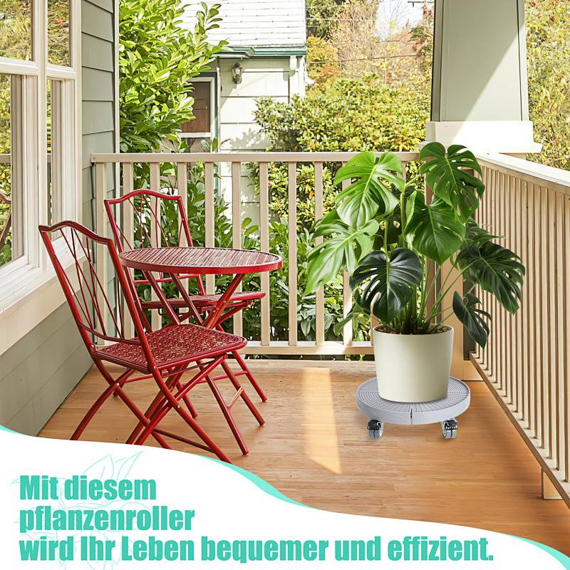 Eine Pflanze auf einem fahrbaren Ständer neben einem roten Bistro-Set auf einer Veranda. Der deutsche Text deutet darauf hin, dass der Pflanzenroller Bequemlichkeit und Effizienz bietet.