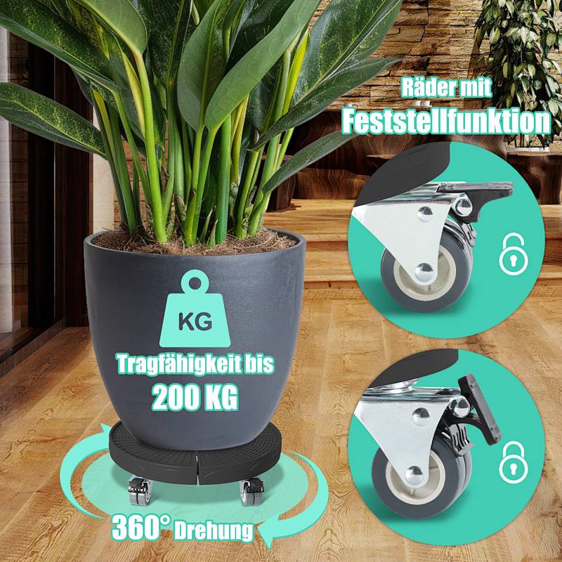 Ein großer Topfpflanzengefäß auf einem fahrbaren Ständer mit einer Tragfähigkeit von bis zu 200 kg, mit Fokus auf Räder mit Sperr- und Drehfunktion sowie 360-Grad-Rotation.