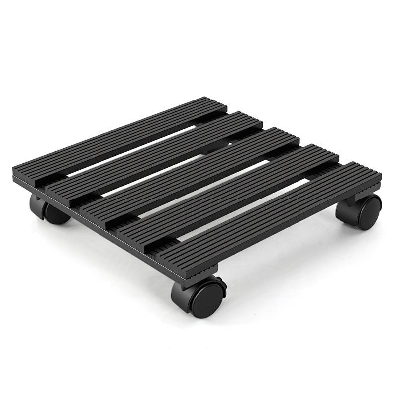 Eine kleine, schwarze Plattform auf vier Rädern, die zum Transport schwerer Gegenstände entwickelt wurde. Sie hat eine Lamellenfläche für zusätzlichen Halt.