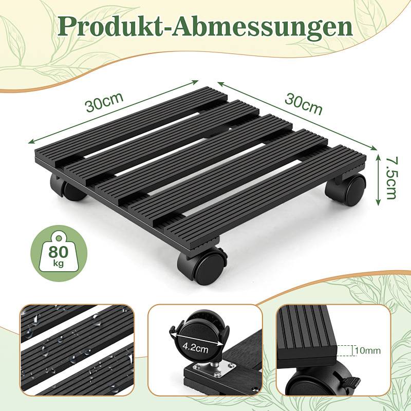 Product Dimensions: 30cm x 30cm x 7.5cm; Weight Capacity: 80kg' Black platform with four wheels, showing detailed measurements.