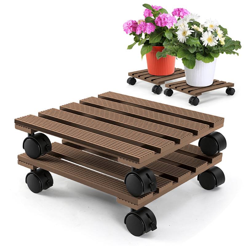 Zwei hölzerne Pflanzenroller mit Rollen, einer hält rosa und weiße Blumen, der andere ist leer. Entwickelt für einfache Bewegung von Topfpflanzen.