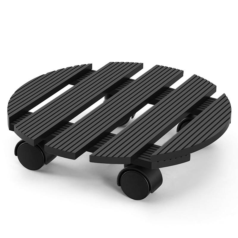 Ein runder schwarzer Pflanzenroller mit Lamellenmuster und Rollen, zum einfachen Verschieben schwerer Blumentöpfe auf verschiedenen Oberflächen.