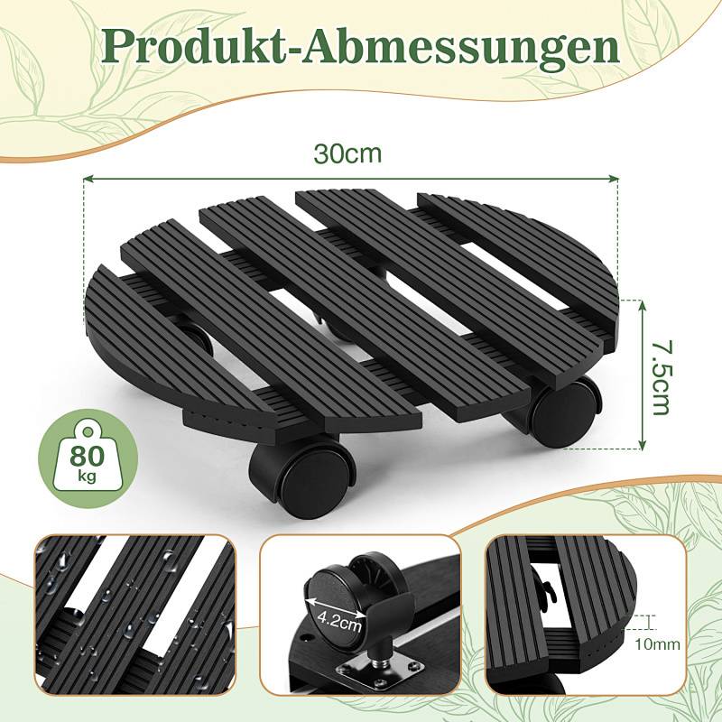 Produkt-Abmessungen' mit einer 30 cm x 7,5 cm Pflanzenroller, 80 kg Tragfähigkeit. Umfasst Nahaufnahme der Räder und Montagedetail.