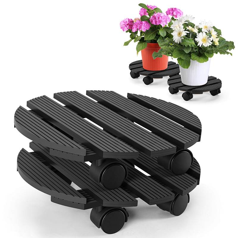 Zwei schwarze runde Blumenwagen mit Rädern, die Blumentöpfe halten und ihre Funktion zur einfachen Bewegung und Pflanzenpräsentation zeigen.