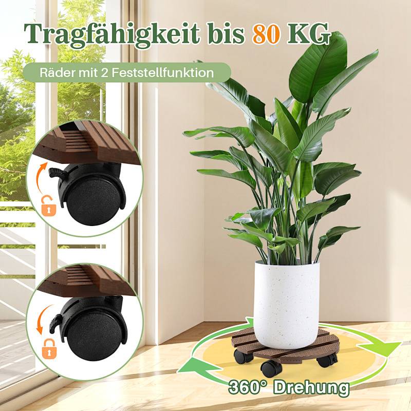 Ein weißer Blumentopf steht auf einem hölzernen Pflanzenroller mit Rollen in einem Raum. Der Text im Bild zeigt „Tragfähigkeit bis zu 80 KG