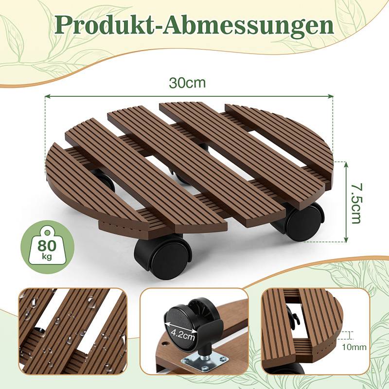 Hölzerner Pflanzenwagen mit Lenkrollen, 30 cm breit, 7,5 cm hoch. Trägt bis zu 80 kg. Die Nahaufnahme zeigt das Rad der Lenkrolle mit einem Durchmesser von 4,2 cm.