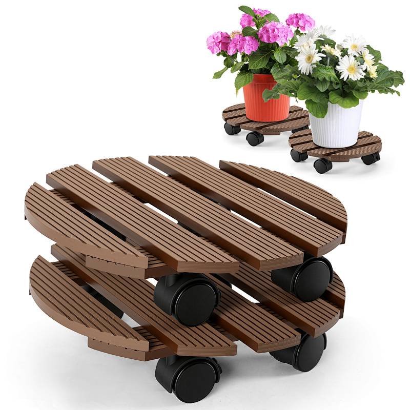 Runde Holzpflanzenwagen mit Rädern, die Blumentöpfe halten.