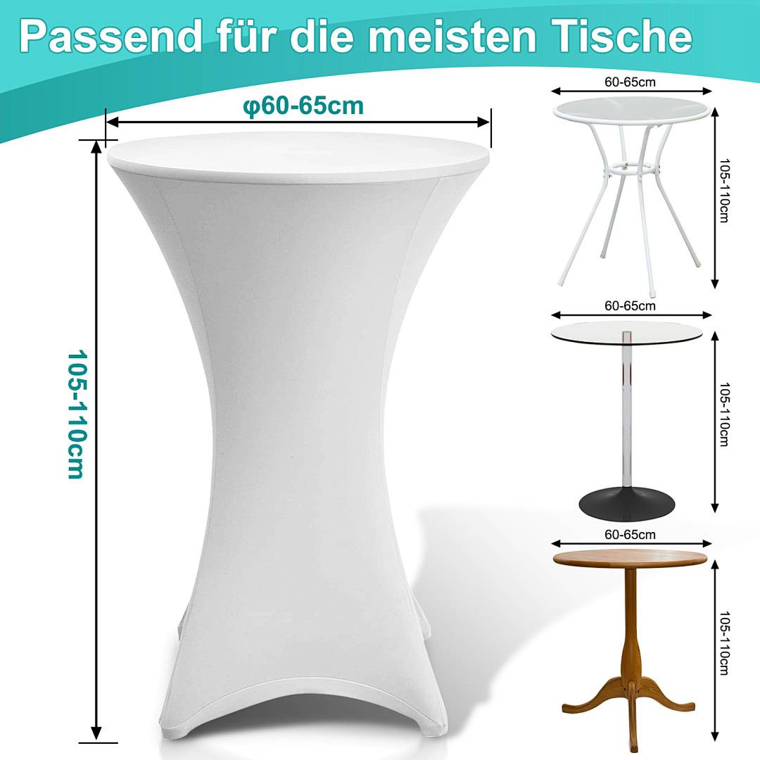 Weiße elastische Tischhusse passt auf runde Tische mit Durchmessern von 60-65 cm und Höhen von 105-110 cm, wie in verschiedenen Tischdesigns dargestellt.
