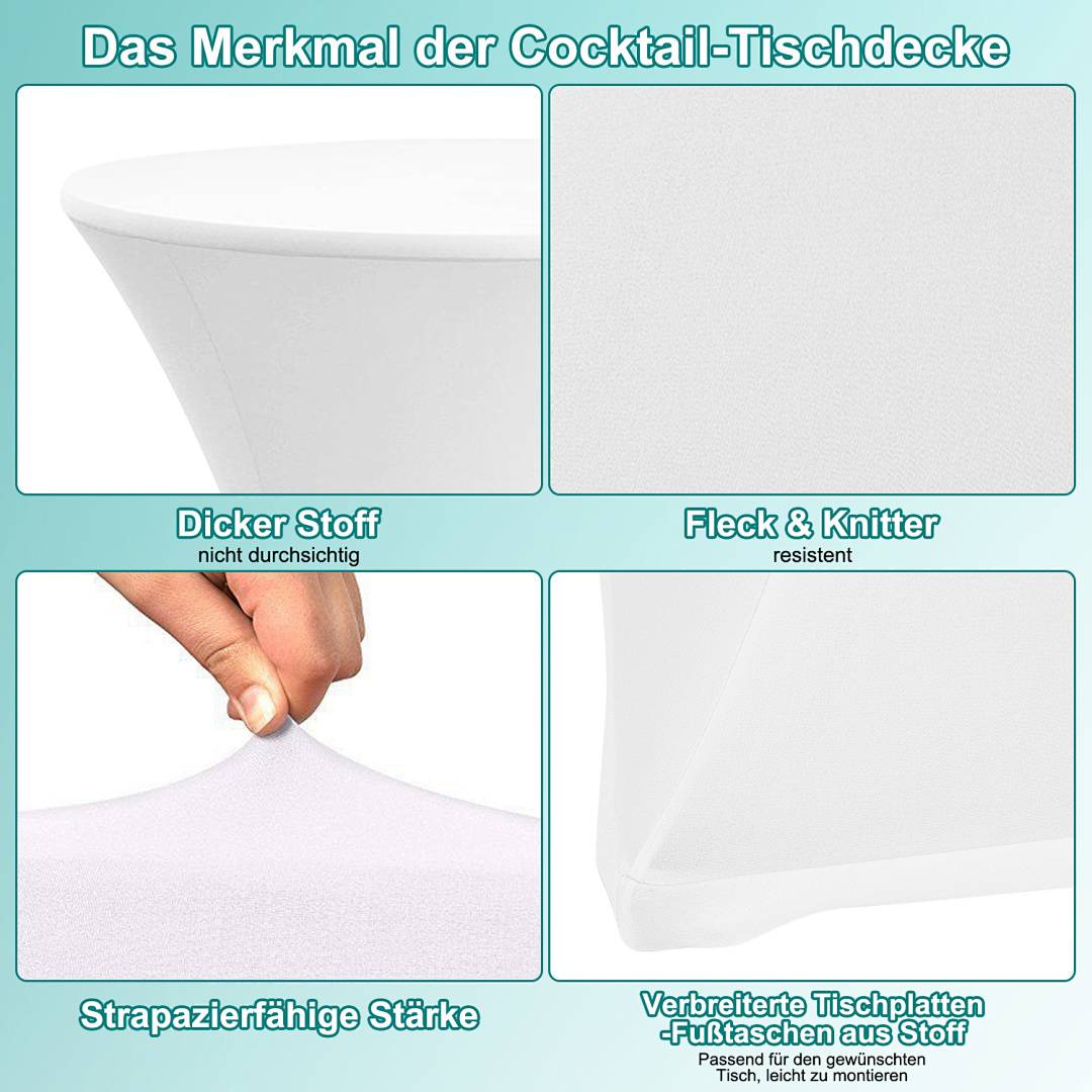 Das Bild zeigt die Merkmale einer Cocktail-Tischdecke. Es hebt dickes, undurchsichtiges Gewebe, Flecken- und Knitterbeständigkeit, strapazierfähige Elastizität und verstärkte Fußtaschen hervor.
