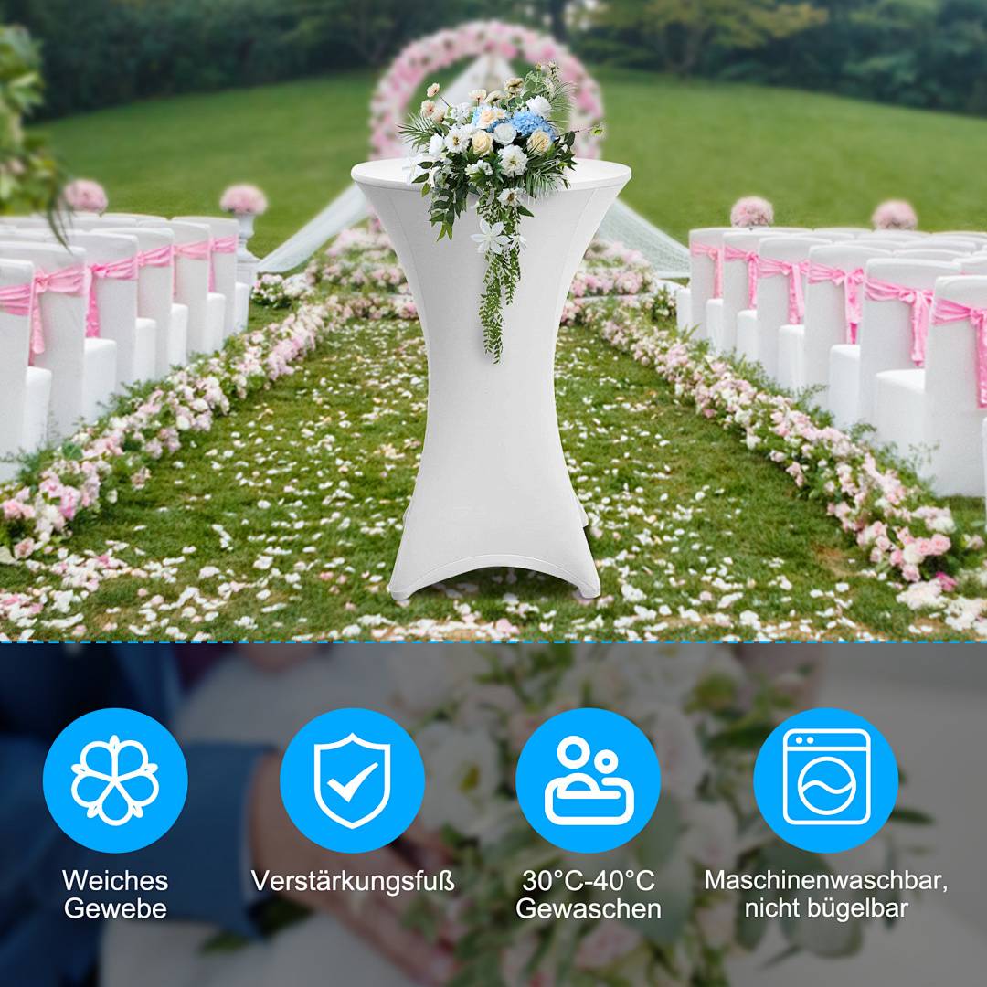 Ein weißes Podest mit Blumen in einer Garteneinstellung, Mittelgang mit rosa Stühlen gesäumt; Symbole unten zeigen Stoffweichheit, verstärkte Säume, Waschtemperatur und bügelfreie Eigenschaften mit deutschem Text an.