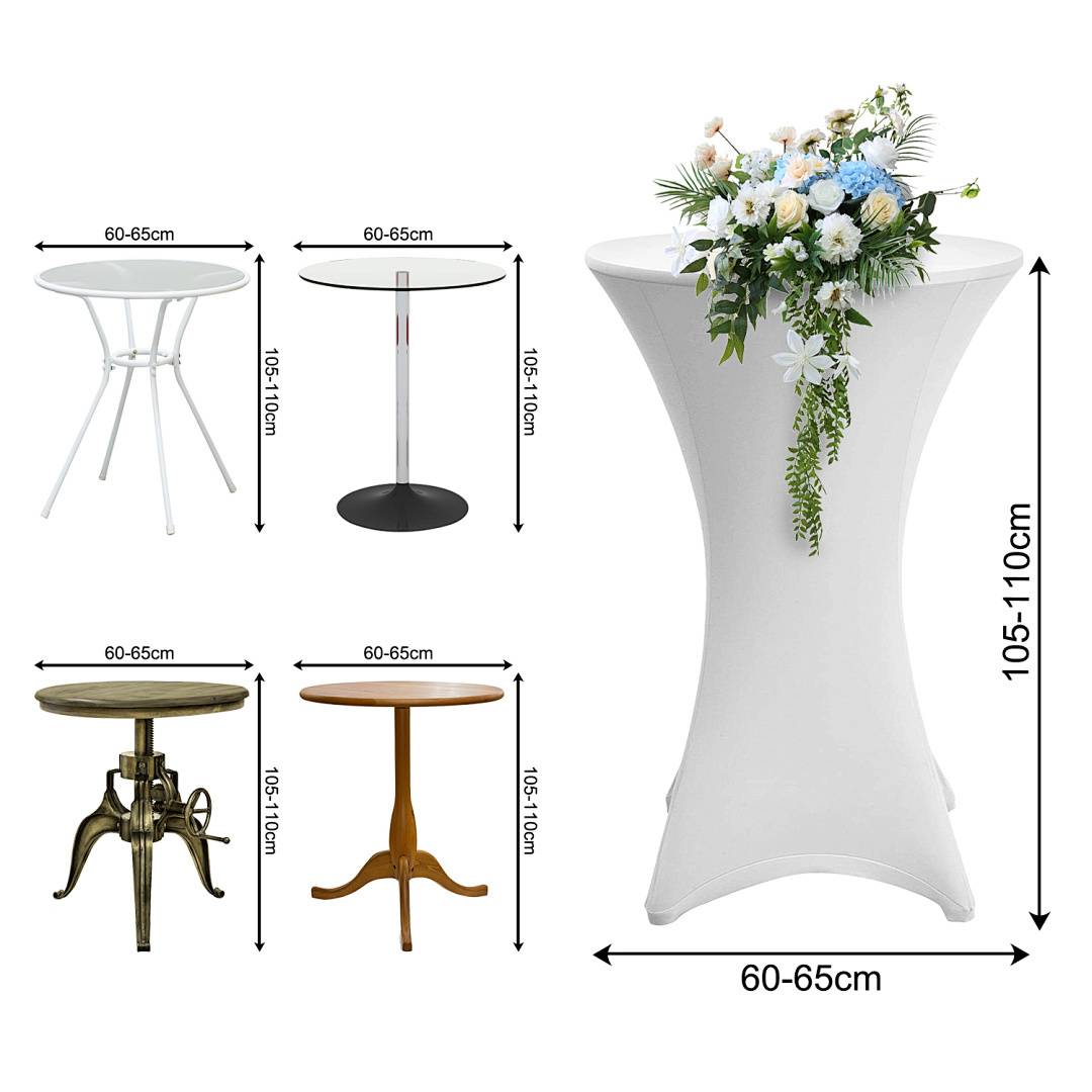 Vier runde Tische mit verschiedenen Sockeln werden gezeigt. Jeder Tisch hat einen Durchmesser von 60-65cm und eine Höhe von 105-110cm. Ein Tisch ist mit Blumen verziert.