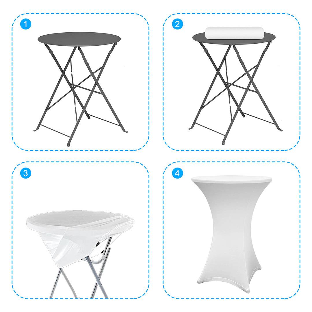Schritt-für-Schritt-Abdeckung eines runden Tisches: 1. Unbedeckter Tisch. 2. Stoffrolle auf dem Tisch. 3. Teilweise mit Kunststoff abgedeckt. 4. Vollständig mit straffer weißer Stoff abgedeckt.