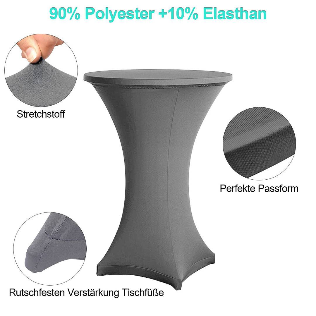 Hoher Cocktailtisch mit grauem, stretchelastischem Bezug aus 90% Polyester und 10% Elasthan. Die Einsätze zeigen dehnbaren Stoff, perfekte Passform und verstärkte Füße.