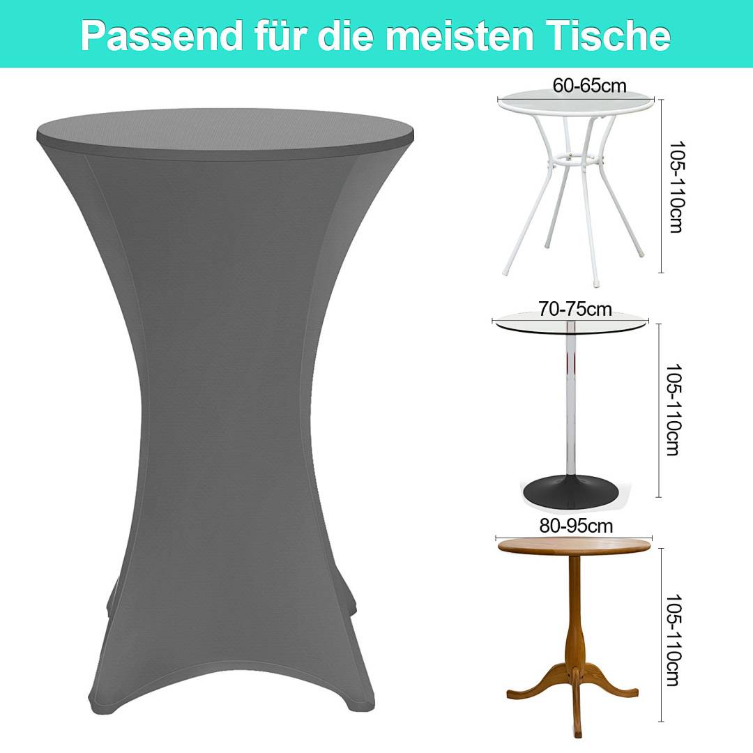 Passend für die meisten Tische' Text über einem Bild mit vier verschiedenen Tischen mit unterschiedlichen Durchmessern (60-65cm, 70-75cm, 80-95cm) und Höhen (105-110cm, 105-110cm, 105-110cm, 105-110cm).