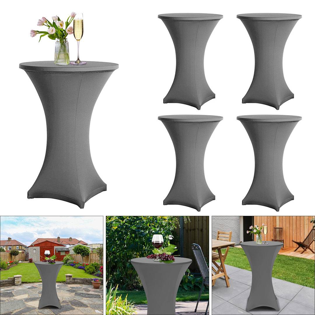 Fünf hohe Cocktailtische mit grauen Bezügen; ein Tisch hat Blumen und ein Glas darauf. Die unteren Bilder zeigen Tische im Freien in verschiedenen Umgebungen.