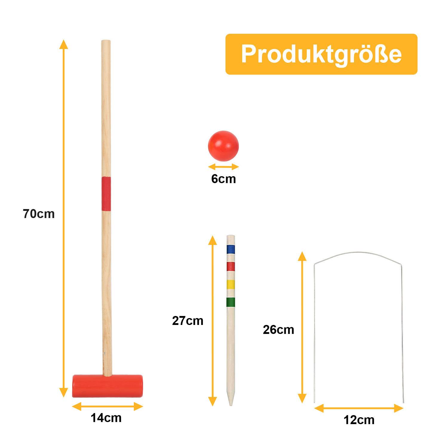 Ein Croquet-Set mit einem Schläger (70 cm hoch, 14 cm breit), einem Ball (6 cm Durchmesser), einem Stab (27 cm hoch) und einem Tor (12 cm breit).
