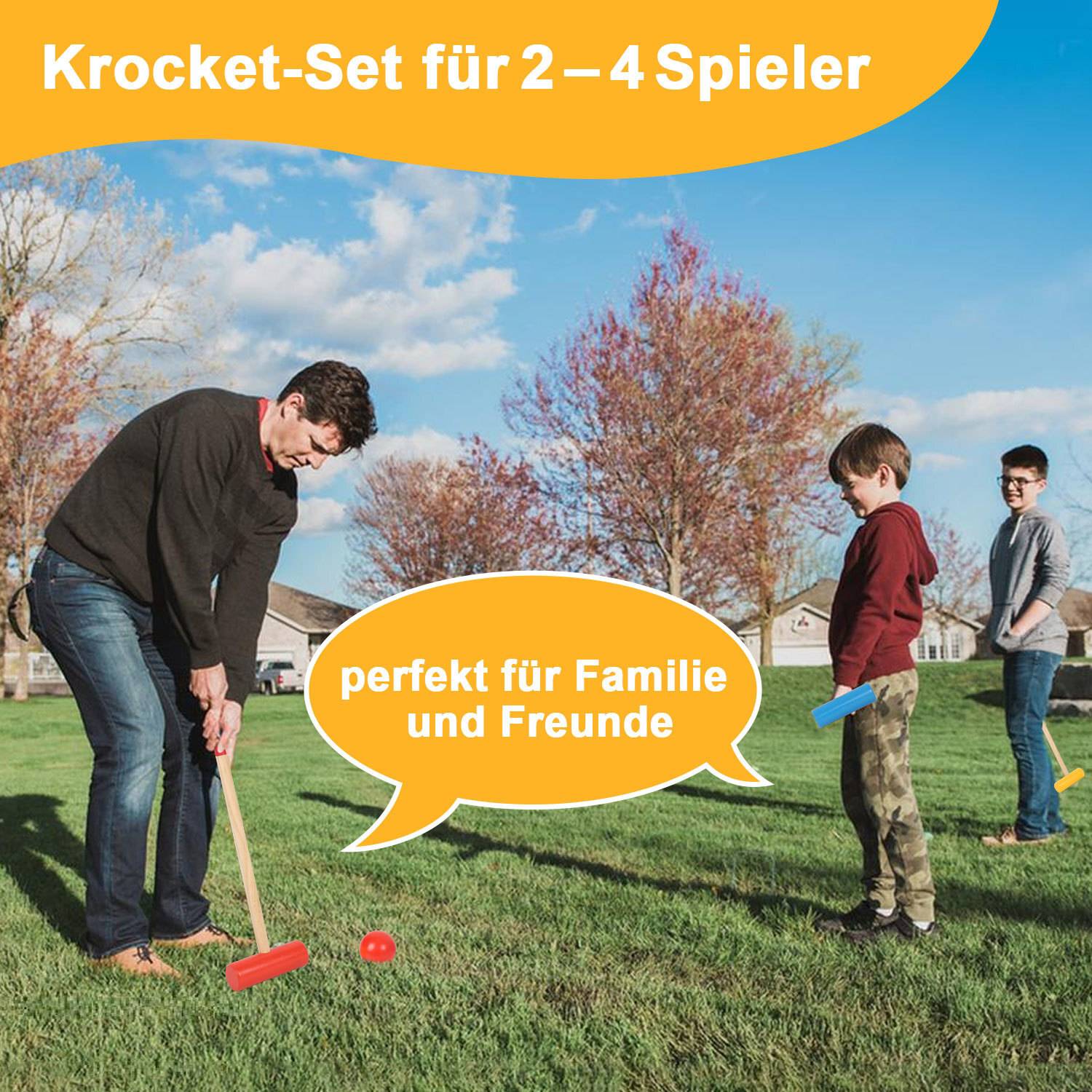 Erwachsene und Kinder spielen Krocket in einem Park. Der Text lautet „Krocket-Set für 2–4 Spieler