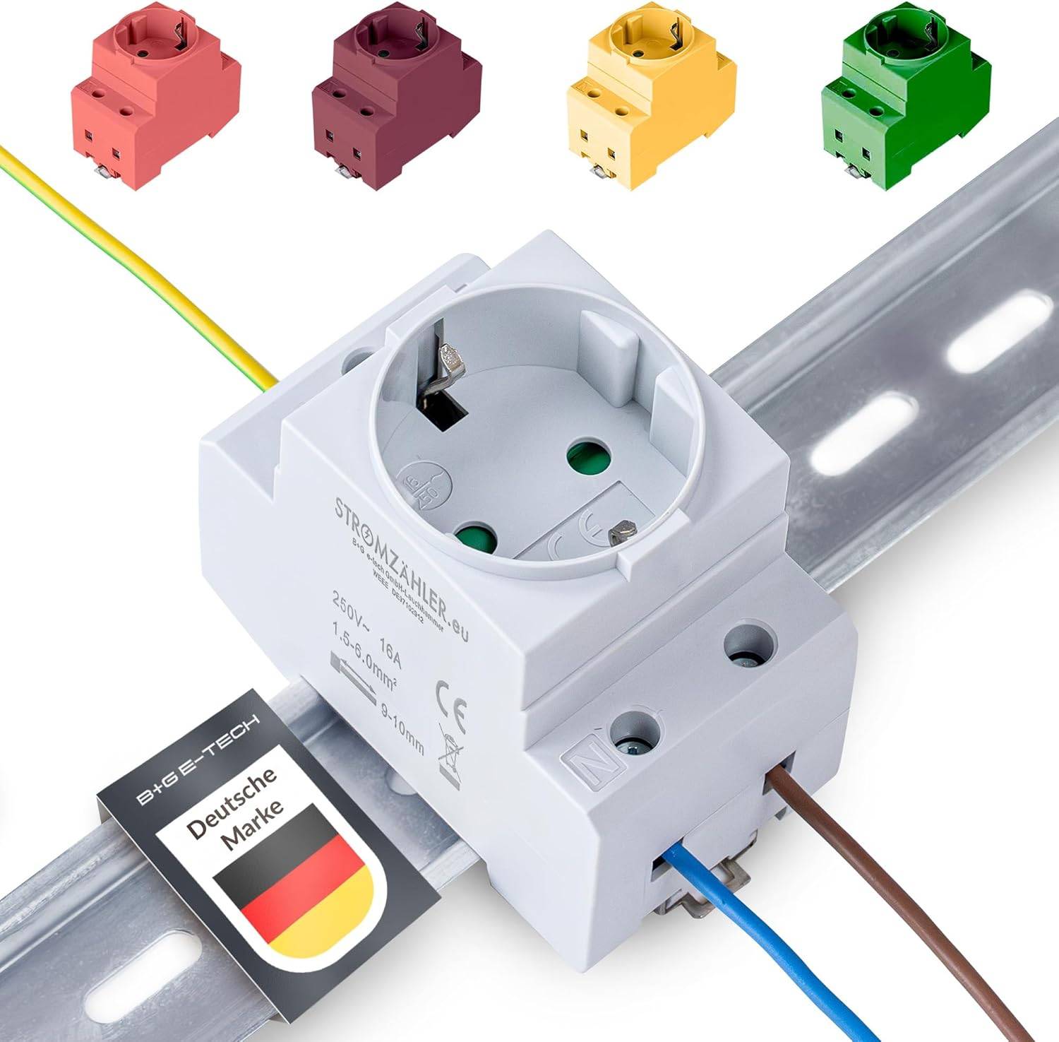Wandsteckdose auf DIN-Schiene montiert mit farbcodierten Verdrahtungsoptionen; entwickelt für effiziente elektrische Installationen.