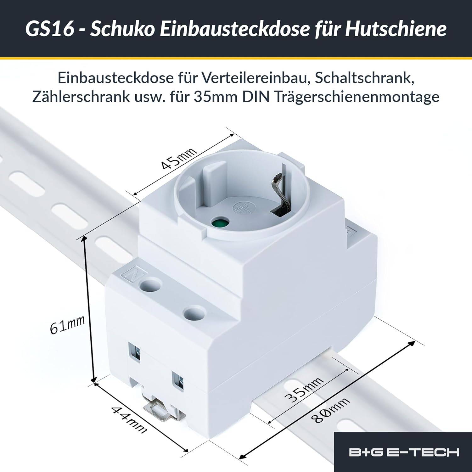 GS16 - Schuko-Einbaussteckdose für Hutschiene' zeigt eine graue Einbausteckdose mit Abmessungen. Zur Verwendung in Schaltschränken.