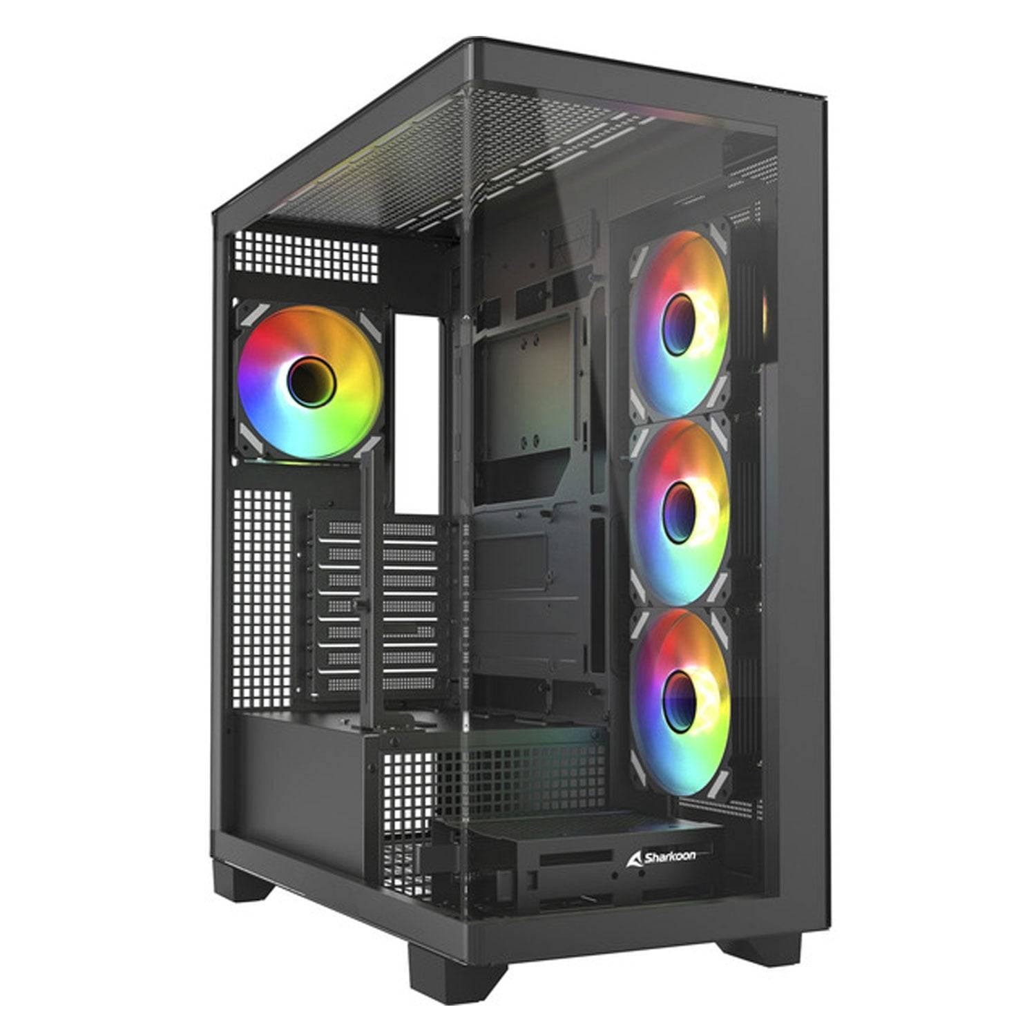Ein Computerturm-Gehäuse mit einem durchsichtigen Seitenpaneel, das RGB-beleuchtete Lüfter zeigt und die Sichtbarkeit des Inneren ermöglicht. Das Gehäuse ist vertikal und schwarz.