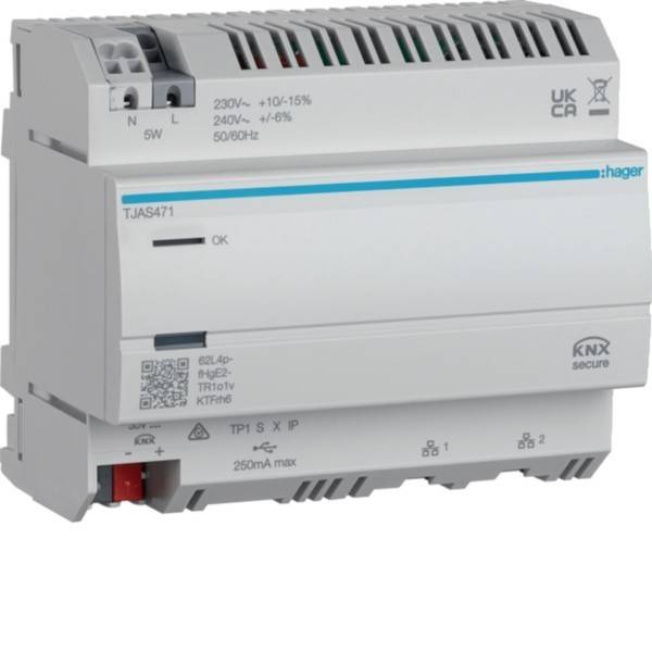 Ein weißes Hager-Elektrorelais mit verschiedenen Beschriftungen, einschließlich 
