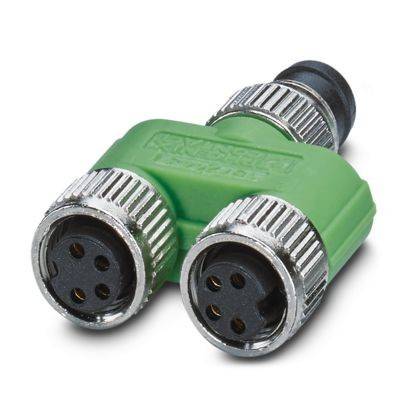 Ein grün-silberner Y-förmiger Elektrostecker mit drei runden Anschlüssen, der zum Aufteilen von Signalen oder Stromversorgung zwischen zwei Geräten verwendet wird.