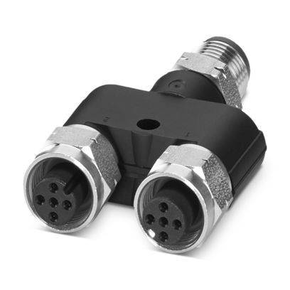 Ein Elektrostecker-Adapter mit schwarzem Kunststoffgehäuse und zwei Metallkopplungsschnittstellen, der für Kabelverbindungen ausgelegt ist.