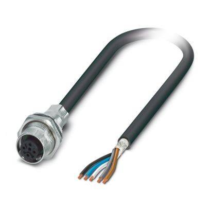 Nahaufnahme eines schwarzen Elektrokabels mit mehreren farbigen Drähten, die an einem Ende freigelegt sind, und einem Metallstecker am anderen Ende.