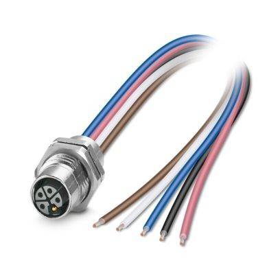 Ein Sieben-Draht-Stecker mit mehrfarbigen Drähten, einschließlich blau, braun, schwarz und rosa, die sich von einer silbernen metallischen zylindrischen Basis erstrecken.