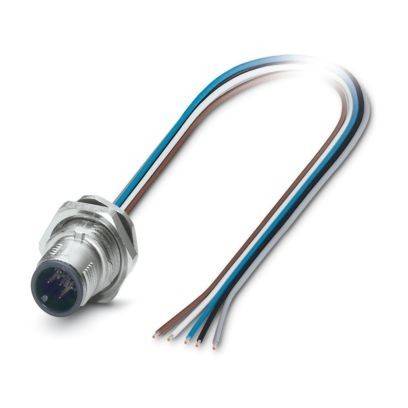 Ein Metallsensor mit vier freigelegten Drähten ragt nach außen: braun, blau, schwarz und weiß. Der Sensor ist zylindrisch mit einem Gewinde am Gehäuse.