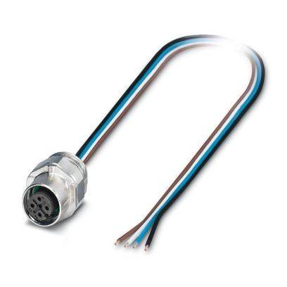 Ein Mehrader-Steckverbinder mit freiliegenden Drähten in Braun, Blau und Schwarz wird gezeigt. Geeignet für elektrische Verbindungen.