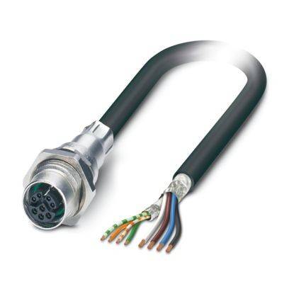M12-Rundsteckverbinder mit schwarzem Kabel und freigelegten farbigen Adern für elektrische Verbindungen.