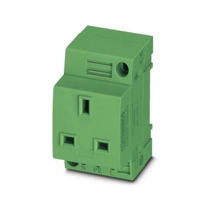 Ein grüner elektrischer Adapter mit drei Anschlüssen, gekennzeichnet mit „N